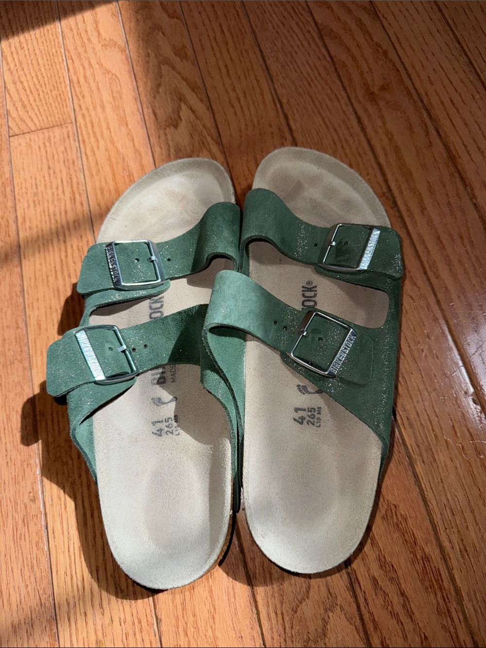 Birkenstock Green Glitter Double-Strap Sandals with Buckles